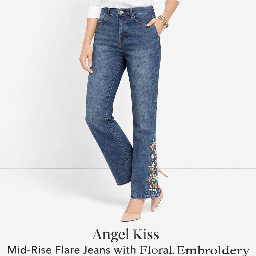 Angel Kiss Floral Embroidered Flare Jeans Mid-Rise Stretch Denim Size 27